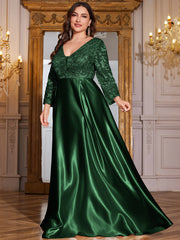Champagne Gold Lace Satin 3/4 Sleeve A‑Line Plus Size Evening Gown