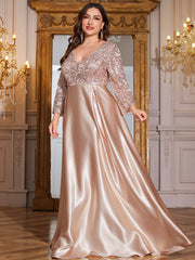 Champagne Gold Lace Satin 3/4 Sleeve A‑Line Plus Size Evening Gown