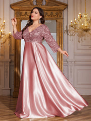 Champagne Gold Lace Satin 3/4 Sleeve A‑Line Plus Size Evening Gown