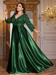 Champagne Gold Lace Satin 3/4 Sleeve A‑Line Plus Size Evening Gown