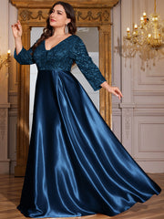 Champagne Gold Lace Satin 3/4 Sleeve A‑Line Plus Size Evening Gown