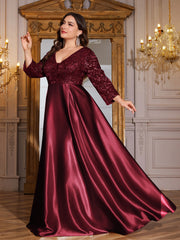 Champagne Gold Lace Satin 3/4 Sleeve A‑Line Plus Size Evening Gown