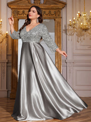 Champagne Gold Lace Satin 3/4 Sleeve A‑Line Plus Size Evening Gown