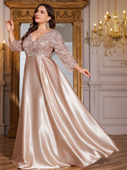 Champagne Gold Lace Satin 3/4 Sleeve A‑Line Plus Size Evening Gown