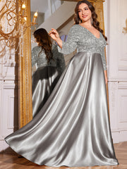 Champagne Gold Lace Satin 3/4 Sleeve A‑Line Plus Size Evening Gown