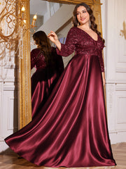 Champagne Gold Lace Satin 3/4 Sleeve A‑Line Plus Size Evening Gown