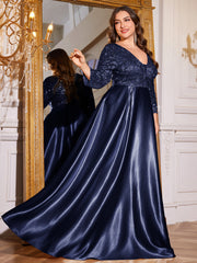 Champagne Gold Lace Satin 3/4 Sleeve A‑Line Plus Size Evening Gown