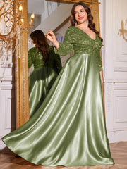 Champagne Gold Lace Satin 3/4 Sleeve A‑Line Plus Size Evening Gown