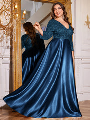 Champagne Gold Lace Satin 3/4 Sleeve A‑Line Plus Size Evening Gown