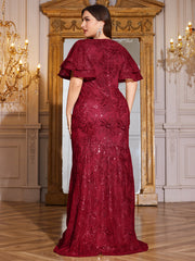 Rose Gold Sequin Ruffle Sleeve Mermaid Evening Gown