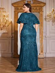 Rose Gold Sequin Ruffle Sleeve Mermaid Evening Gown