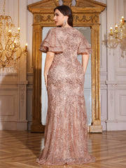 Rose Gold Sequin Ruffle Sleeve Mermaid Evening Gown