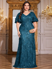 Rose Gold Sequin Ruffle Sleeve Mermaid Evening Gown