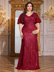 Rose Gold Sequin Ruffle Sleeve Mermaid Evening Gown