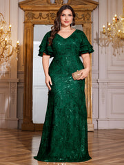 Rose Gold Sequin Ruffle Sleeve Mermaid Evening Gown