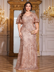 Rose Gold Sequin Ruffle Sleeve Mermaid Evening Gown
