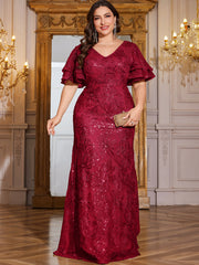Rose Gold Sequin Ruffle Sleeve Mermaid Evening Gown