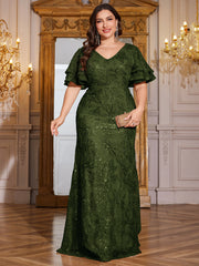 Rose Gold Sequin Ruffle Sleeve Mermaid Evening Gown
