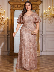 Rose Gold Sequin Ruffle Sleeve Mermaid Evening Gown