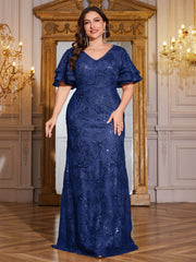 Rose Gold Sequin Ruffle Sleeve Mermaid Evening Gown