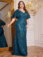 Rose Gold Sequin Ruffle Sleeve Mermaid Evening Gown