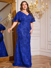 Rose Gold Sequin Ruffle Sleeve Mermaid Evening Gown