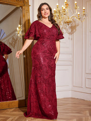 Rose Gold Sequin Ruffle Sleeve Mermaid Evening Gown