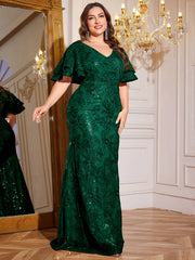 Rose Gold Sequin Ruffle Sleeve Mermaid Evening Gown