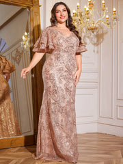 Rose Gold Sequin Ruffle Sleeve Mermaid Evening Gown