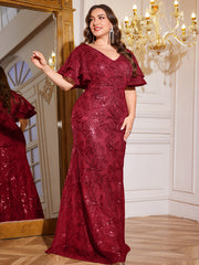 Rose Gold Sequin Ruffle Sleeve Mermaid Evening Gown