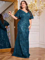 Rose Gold Sequin Ruffle Sleeve Mermaid Evening Gown
