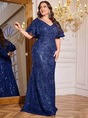 Rose Gold Sequin Ruffle Sleeve Mermaid Evening Gown