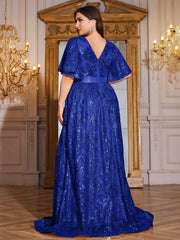 Rose Gold Sequin Flutter Sleeve Empire Waist A‑Line Plus Size Evening Gown