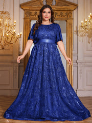 Rose Gold Sequin Flutter Sleeve Empire Waist A‑Line Plus Size Evening Gown