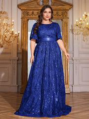 Rose Gold Sequin Flutter Sleeve Empire Waist A‑Line Plus Size Evening Gown