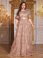 Rose Gold Sequin Flutter Sleeve Empire Waist A‑Line Plus Size Evening Gown