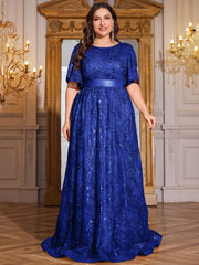 Rose Gold Sequin Flutter Sleeve Empire Waist A‑Line Plus Size Evening Gown