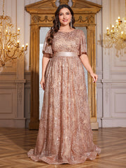 Rose Gold Sequin Flutter Sleeve Empire Waist A‑Line Plus Size Evening Gown