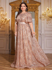 Rose Gold Sequin Flutter Sleeve Empire Waist A‑Line Plus Size Evening Gown