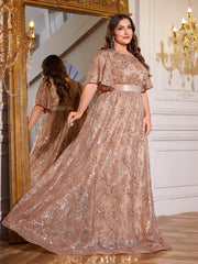 Rose Gold Sequin Flutter Sleeve Empire Waist A‑Line Plus Size Evening Gown