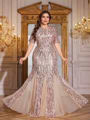Rose Gold Stripe Sequin Short Sleeve Mesh Mermaid Plus Size Evening Gown