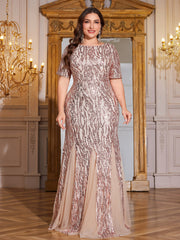 Rose Gold Stripe Sequin Short Sleeve Mesh Mermaid Plus Size Evening Gown