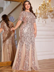 Rose Gold Stripe Sequin Short Sleeve Mesh Mermaid Plus Size Evening Gown
