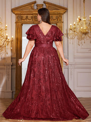 Royal Blue Sequin Ruffle Sleeve High‑Waist A‑Line Evening Gown