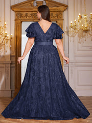 Royal Blue Sequin Ruffle Sleeve High‑Waist A‑Line Evening Gown