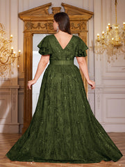 Royal Blue Sequin Ruffle Sleeve High‑Waist A‑Line Evening Gown