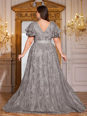 Royal Blue Sequin Ruffle Sleeve High‑Waist A‑Line Evening Gown