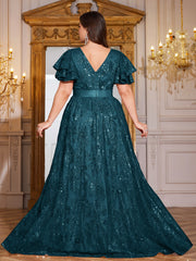 Royal Blue Sequin Ruffle Sleeve High‑Waist A‑Line Evening Gown