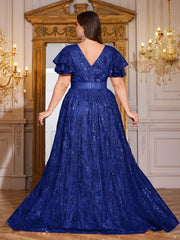 Royal Blue Sequin Ruffle Sleeve High‑Waist A‑Line Evening Gown