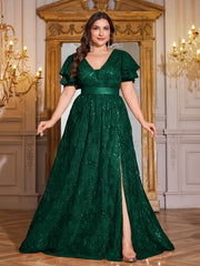 Royal Blue Sequin Ruffle Sleeve High‑Waist A‑Line Evening Gown